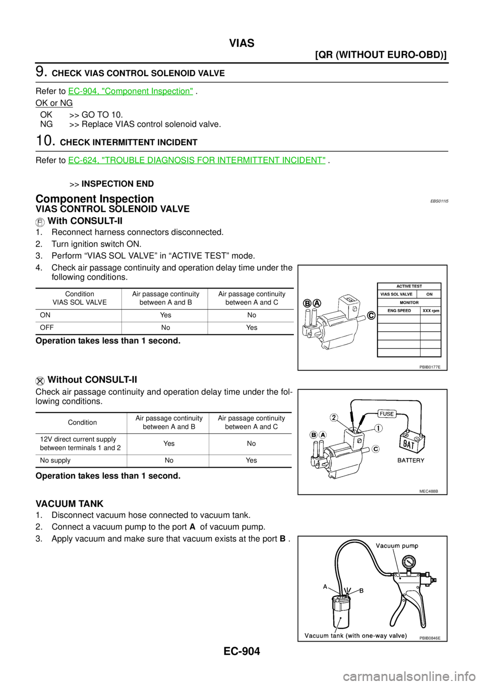 NISSAN X-TRAIL 2005  Service Repair Manual EC-904
[QR (WITHOUT EURO-OBD)]
VIAS
 
9. CHECK VIAS CONTROL SOLENOID VALVE
Refer to EC-904, "
Component Inspection" .
OK or NG
OK >> GO TO 10.
NG >> Replace VIAS control solenoid valve.
10. CHECK INTE