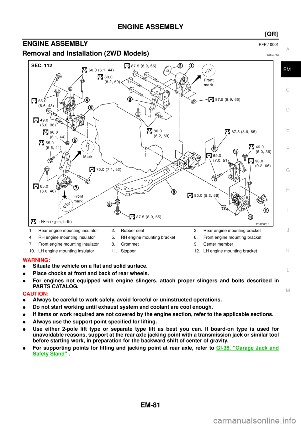 NISSAN X-TRAIL 2005  Service Repair Manual ENGINE ASSEMBLY
EM-81
[QR]
C
D
E
F
G
H
I
J
K
L
MA
EM
 
ENGINE ASSEMBLYPFP:10001
Removal and Installation (2WD Models)EBS01FKJ
WARNING:
Situate the vehicle on a flat and solid surface.
Place chocks a