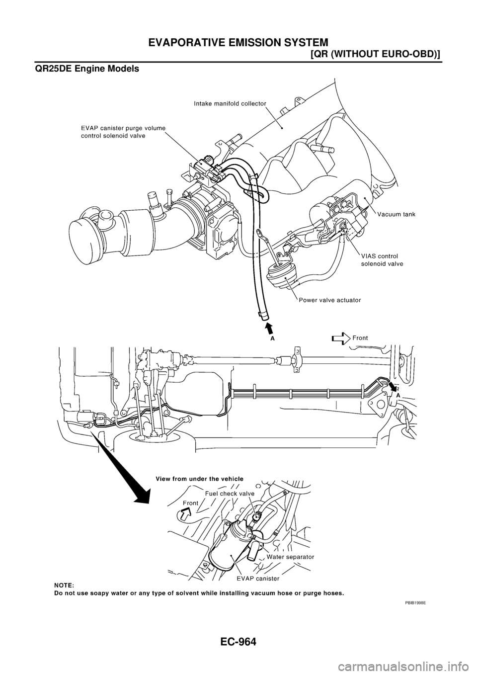 NISSAN X-TRAIL 2005  Service Repair Manual EC-964
[QR (WITHOUT EURO-OBD)]
EVAPORATIVE EMISSION SYSTEM
 
QR25DE Engine Models
PBIB1998E 