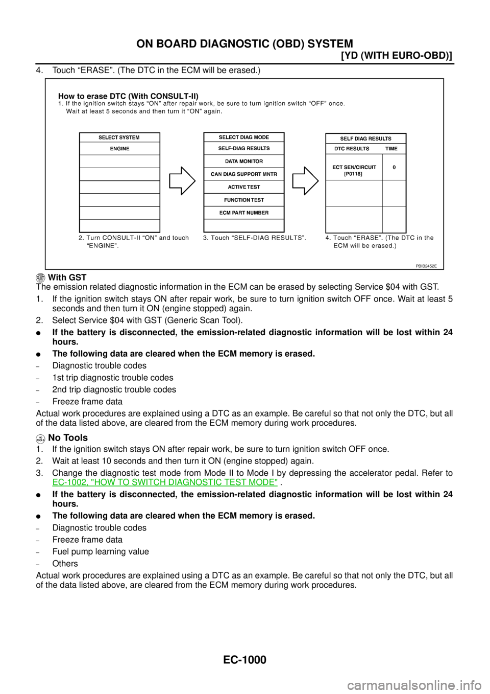 NISSAN X-TRAIL 2005  Service Repair Manual EC-1000
[YD (WITH EURO-OBD)]
ON BOARD DIAGNOSTIC (OBD) SYSTEM
 
4. Touch “ERASE”. (The DTC in the ECM will be erased.)
 With GST
The emission related diagnostic information in the ECM can be erase