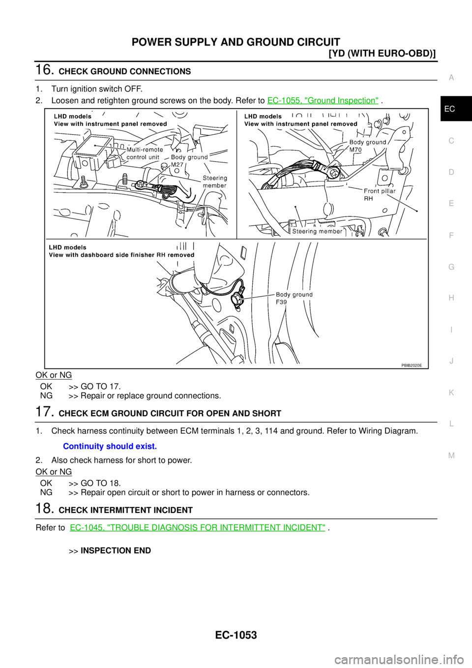 NISSAN X-TRAIL 2005  Service Repair Manual POWER SUPPLY AND GROUND CIRCUIT
EC-1053
[YD (WITH EURO-OBD)]
C
D
E
F
G
H
I
J
K
L
MA
EC
 
16. CHECK GROUND CONNECTIONS
1. Turn ignition switch OFF.
2. Loosen and retighten ground screws on the body. Re