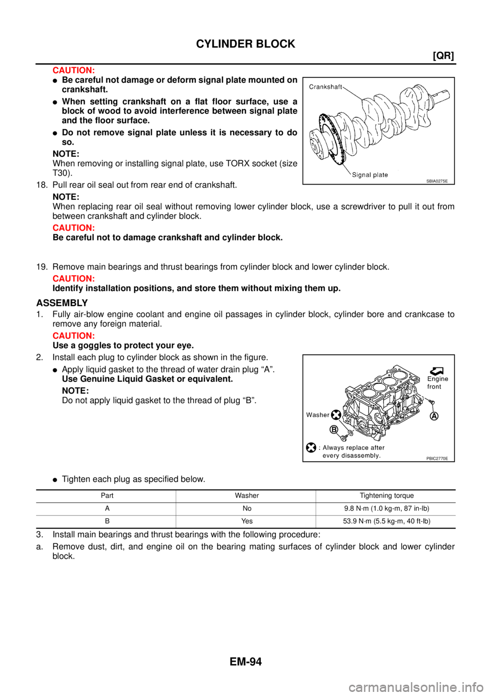 NISSAN X-TRAIL 2005  Service Repair Manual EM-94
[QR]
CYLINDER BLOCK
 
CAUTION:
Be careful not damage or deform signal plate mounted on
crankshaft.
When setting crankshaft on a flat floor surface, use a
block of wood to avoid interference be