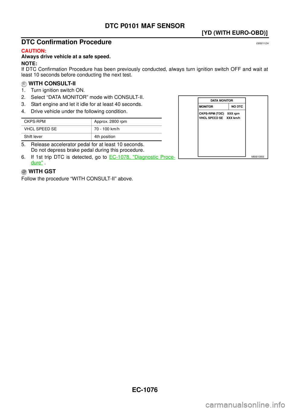 NISSAN X-TRAIL 2005  Service Repair Manual EC-1076
[YD (WITH EURO-OBD)]
DTC P0101 MAF SENSOR
 
DTC Confirmation ProcedureEBS011OH
CAUTION:
Always drive vehicle at a safe speed.
NOTE:
If DTC Confirmation Procedure has been previously conducted,