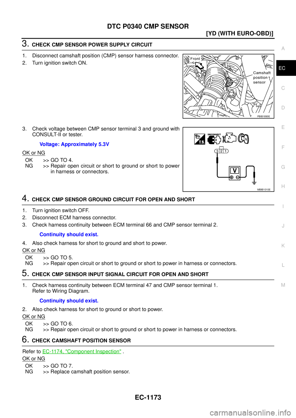 NISSAN X-TRAIL 2005  Service Repair Manual DTC P0340 CMP SENSOR
EC-1173
[YD (WITH EURO-OBD)]
C
D
E
F
G
H
I
J
K
L
MA
EC
 
3. CHECK CMP SENSOR POWER SUPPLY CIRCUIT
1. Disconnect camshaft position (CMP) sensor harness connector.
2. Turn ignition 