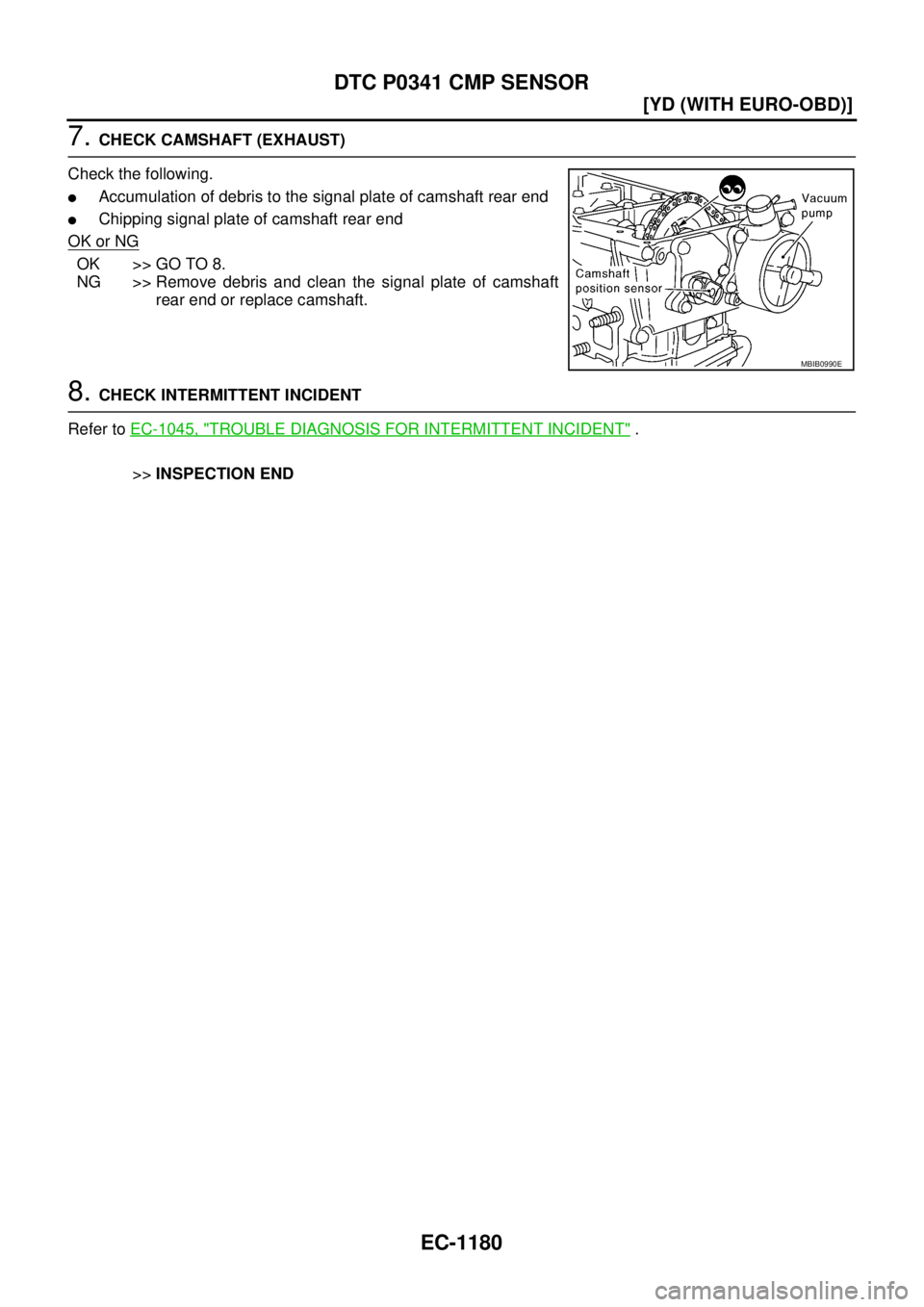NISSAN X-TRAIL 2005  Service Repair Manual EC-1180
[YD (WITH EURO-OBD)]
DTC P0341 CMP SENSOR
 
7. CHECK CAMSHAFT (EXHAUST)
Check the following.
Accumulation of debris to the signal plate of camshaft rear end
Chipping signal plate of camshaft