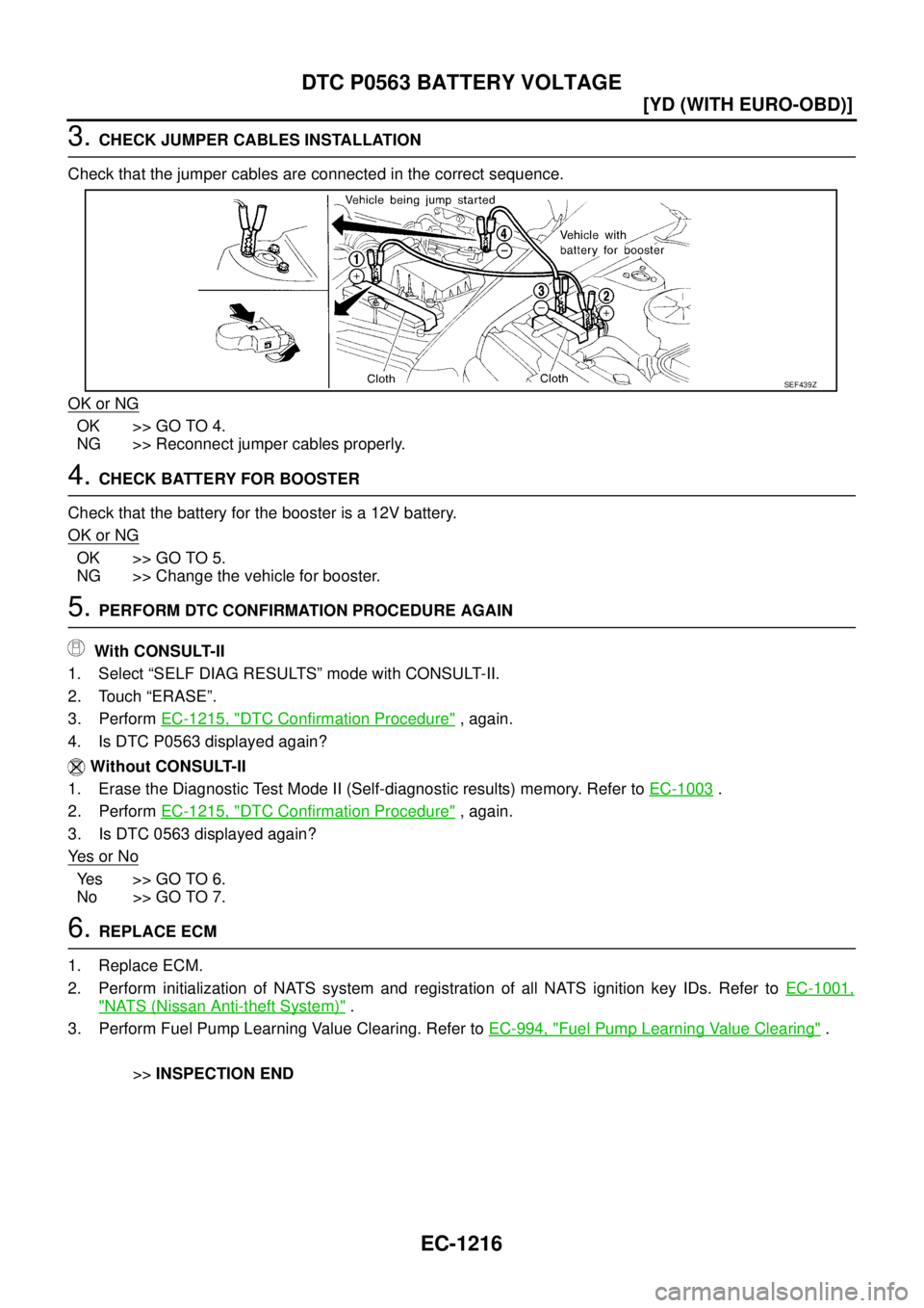 NISSAN X-TRAIL 2005  Service Repair Manual EC-1216
[YD (WITH EURO-OBD)]
DTC P0563 BATTERY VOLTAGE
 
3. CHECK JUMPER CABLES INSTALLATION
Check that the jumper cables are connected in the correct sequence.
OK or NG
OK >> GO TO 4.
NG >> Reconnect