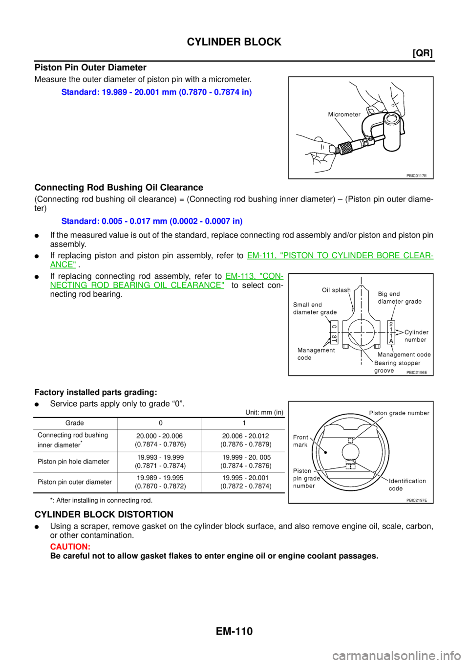 NISSAN X-TRAIL 2005  Service Repair Manual EM-110
[QR]
CYLINDER BLOCK
 
Piston Pin Outer Diameter
Measure the outer diameter of piston pin with a micrometer.
Connecting Rod Bushing Oil Clearance
(Connecting rod bushing oil clearance) = (Connec