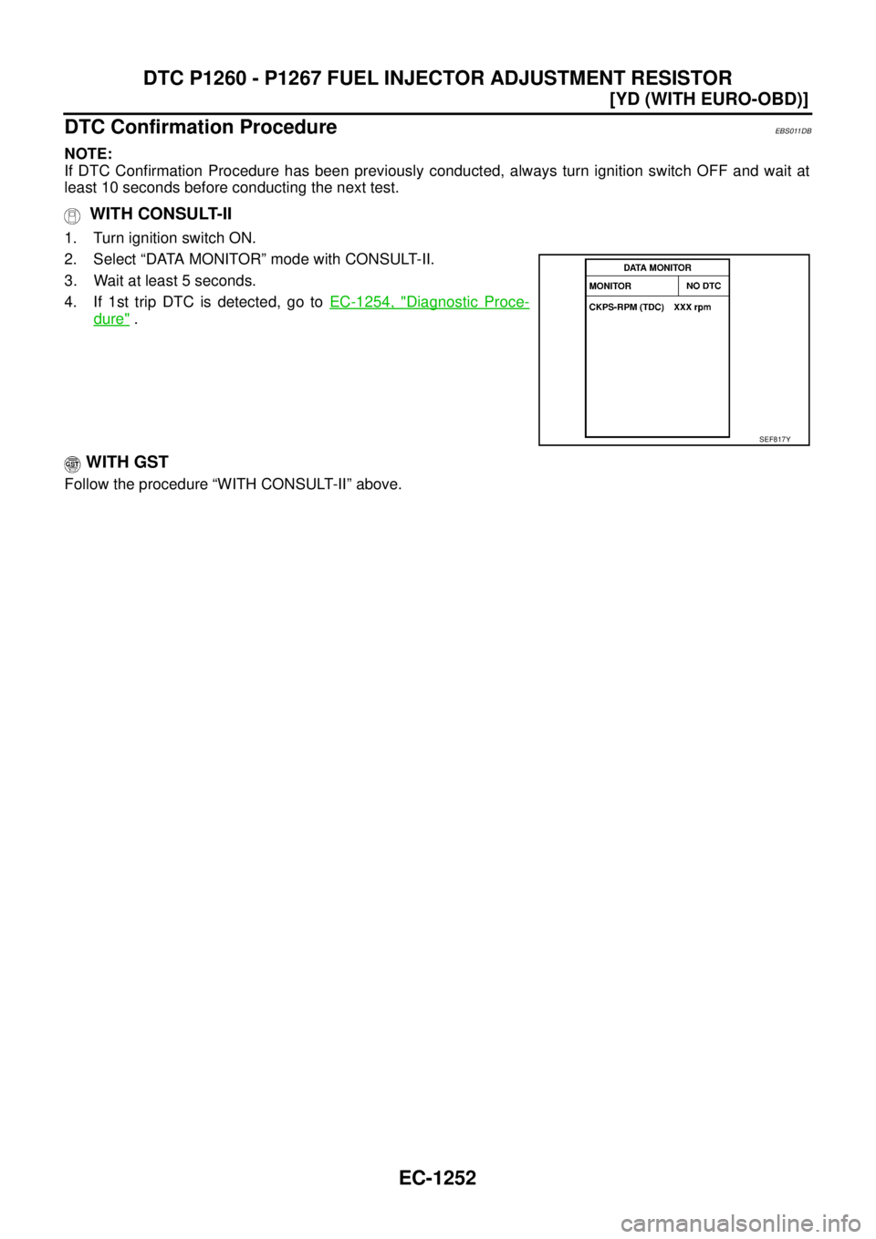 NISSAN X-TRAIL 2005  Service Repair Manual EC-1252
[YD (WITH EURO-OBD)]
DTC P1260 - P1267 FUEL INJECTOR ADJUSTMENT RESISTOR
 
DTC Confirmation ProcedureEBS011DB
NOTE:
If DTC Confirmation Procedure has been previously conducted, always turn ign