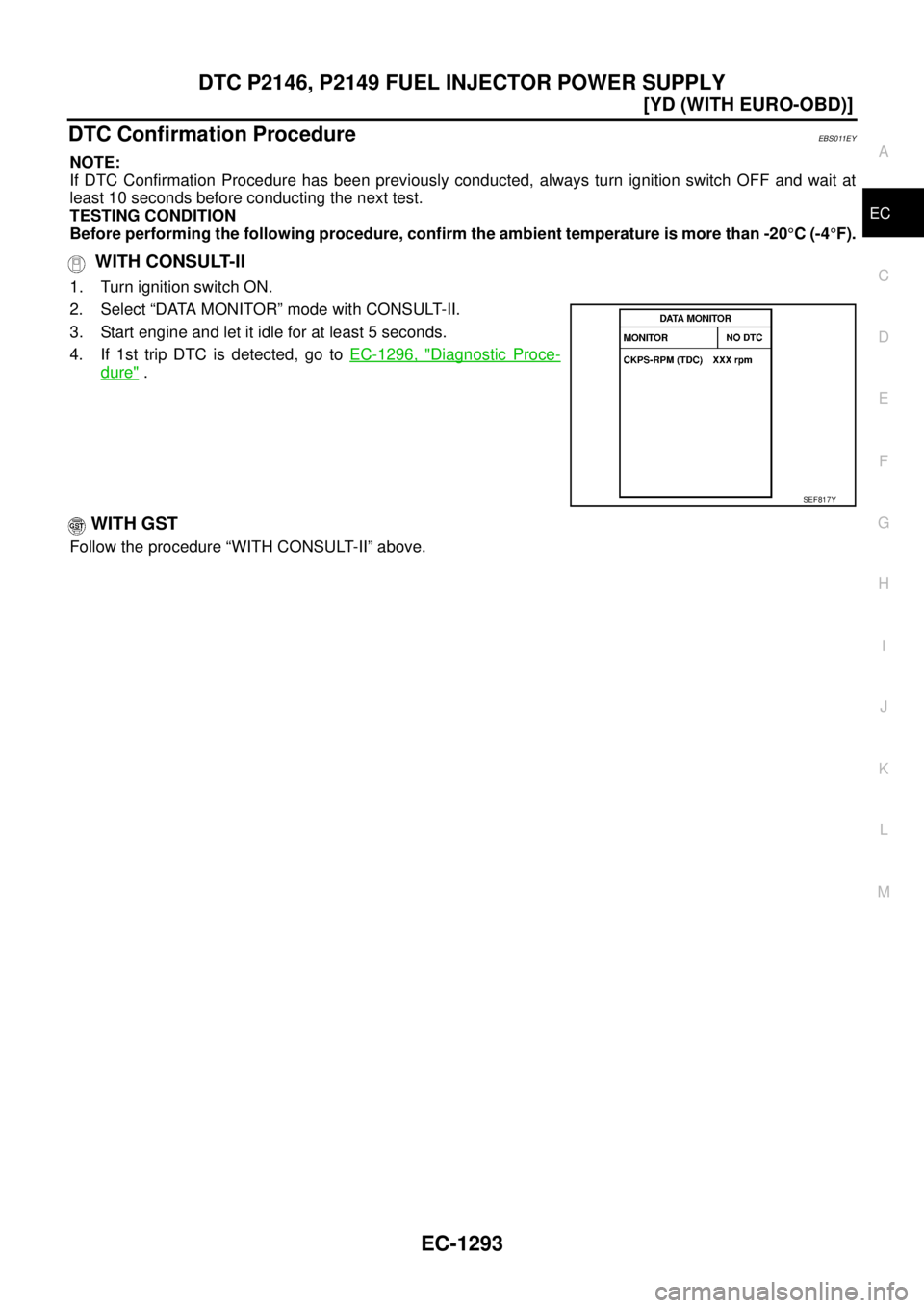 NISSAN X-TRAIL 2005  Service Repair Manual DTC P2146, P2149 FUEL INJECTOR POWER SUPPLY
EC-1293
[YD (WITH EURO-OBD)]
C
D
E
F
G
H
I
J
K
L
MA
EC
 
DTC Confirmation ProcedureEBS011EY
NOTE:
If DTC Confirmation Procedure has been previously conducte