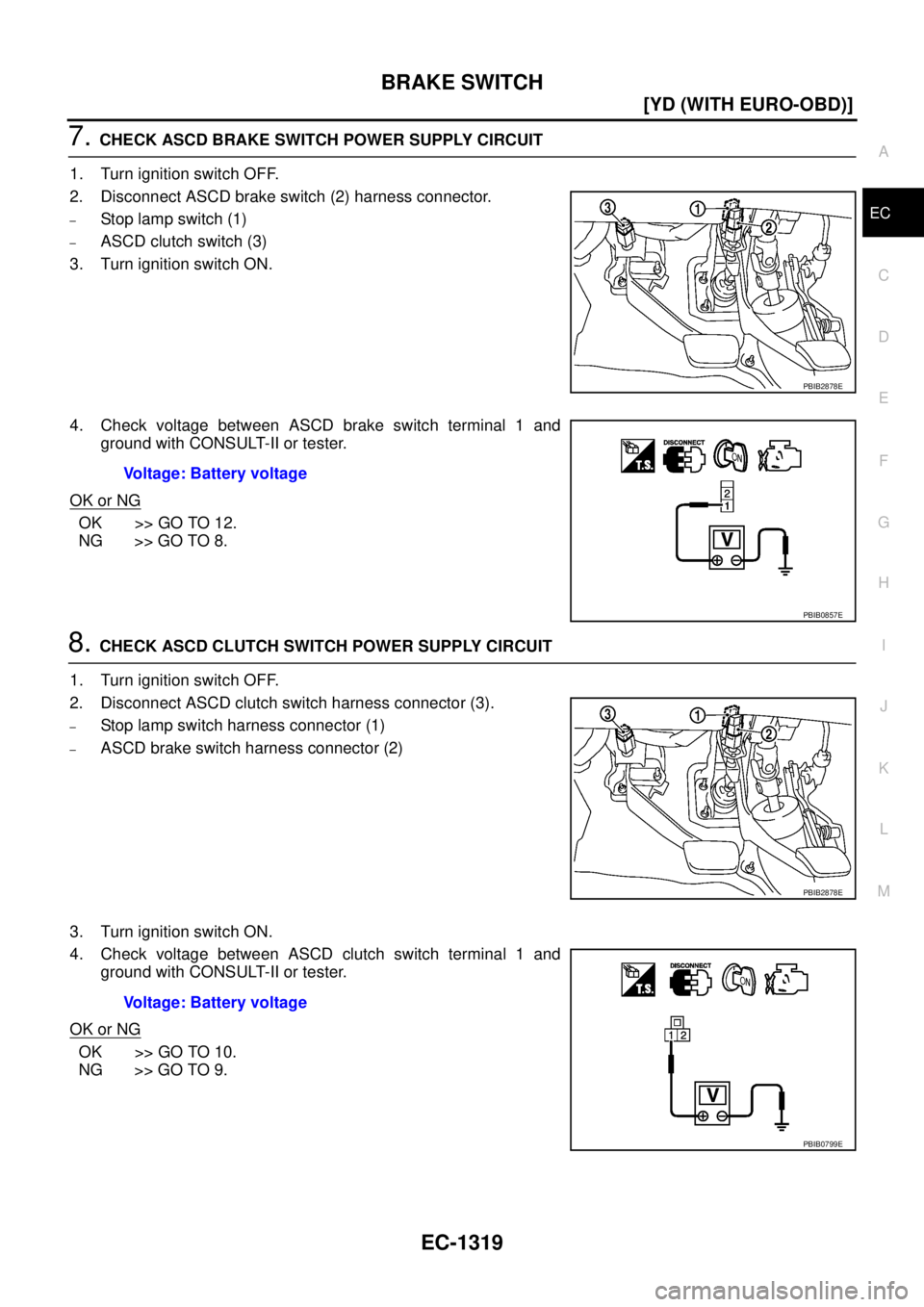 NISSAN X-TRAIL 2005  Service Repair Manual BRAKE SWITCH
EC-1319
[YD (WITH EURO-OBD)]
C
D
E
F
G
H
I
J
K
L
MA
EC
 
7. CHECK ASCD BRAKE SWITCH POWER SUPPLY CIRCUIT
1. Turn ignition switch OFF.
2. Disconnect ASCD brake switch (2) harness connector