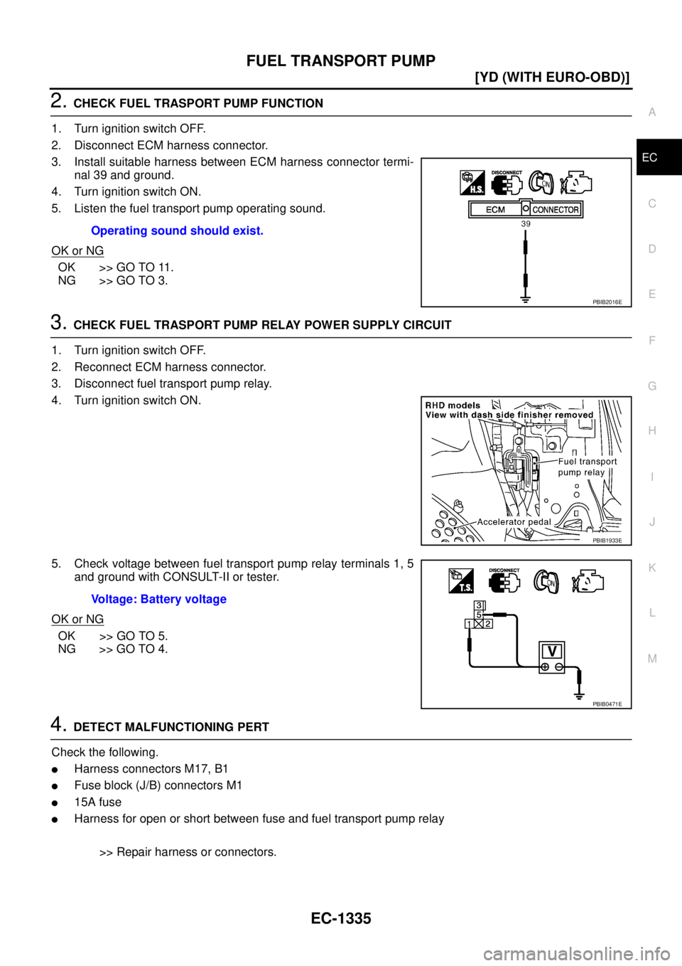 NISSAN X-TRAIL 2005  Service Repair Manual FUEL TRANSPORT PUMP
EC-1335
[YD (WITH EURO-OBD)]
C
D
E
F
G
H
I
J
K
L
MA
EC
 
2. CHECK FUEL TRASPORT PUMP FUNCTION
1. Turn ignition switch OFF.
2. Disconnect ECM harness connector.
3. Install suitable 