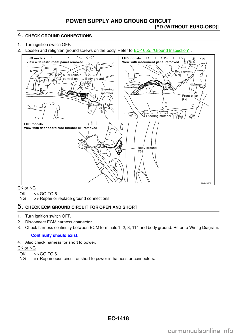 NISSAN X-TRAIL 2005  Service Repair Manual EC-1418
[YD (WITHOUT EURO-OBD)]
POWER SUPPLY AND GROUND CIRCUIT
 
4. CHECK GROUND CONNECTIONS
1. Turn ignition switch OFF.
2. Loosen and retighten ground screws on the body. Refer to EC-1055, "
Ground