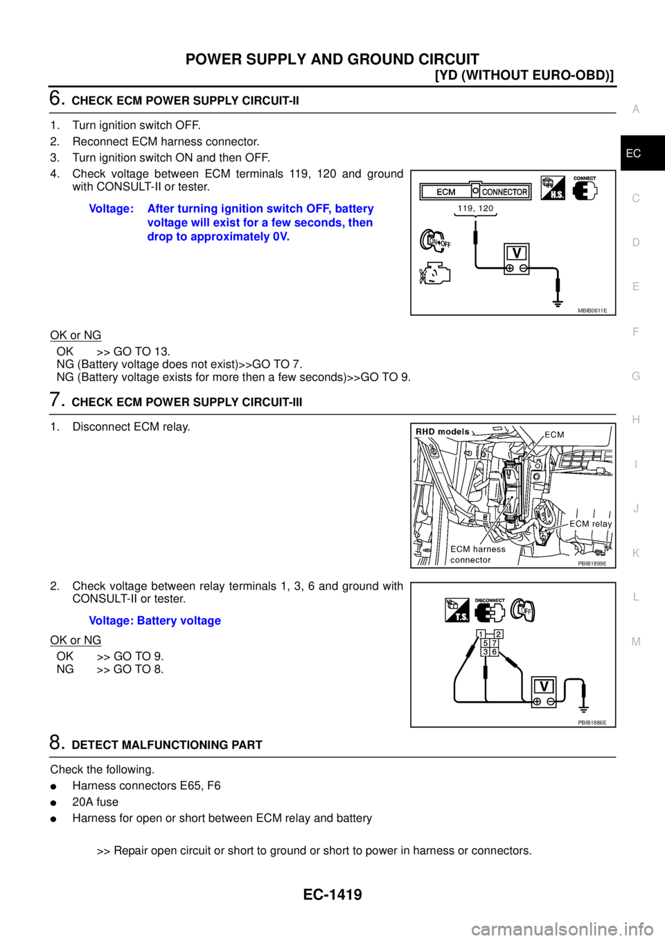 NISSAN X-TRAIL 2005  Service Repair Manual POWER SUPPLY AND GROUND CIRCUIT
EC-1419
[YD (WITHOUT EURO-OBD)]
C
D
E
F
G
H
I
J
K
L
MA
EC
 
6. CHECK ECM POWER SUPPLY CIRCUIT-II
1. Turn ignition switch OFF.
2. Reconnect ECM harness connector.
3. Tur