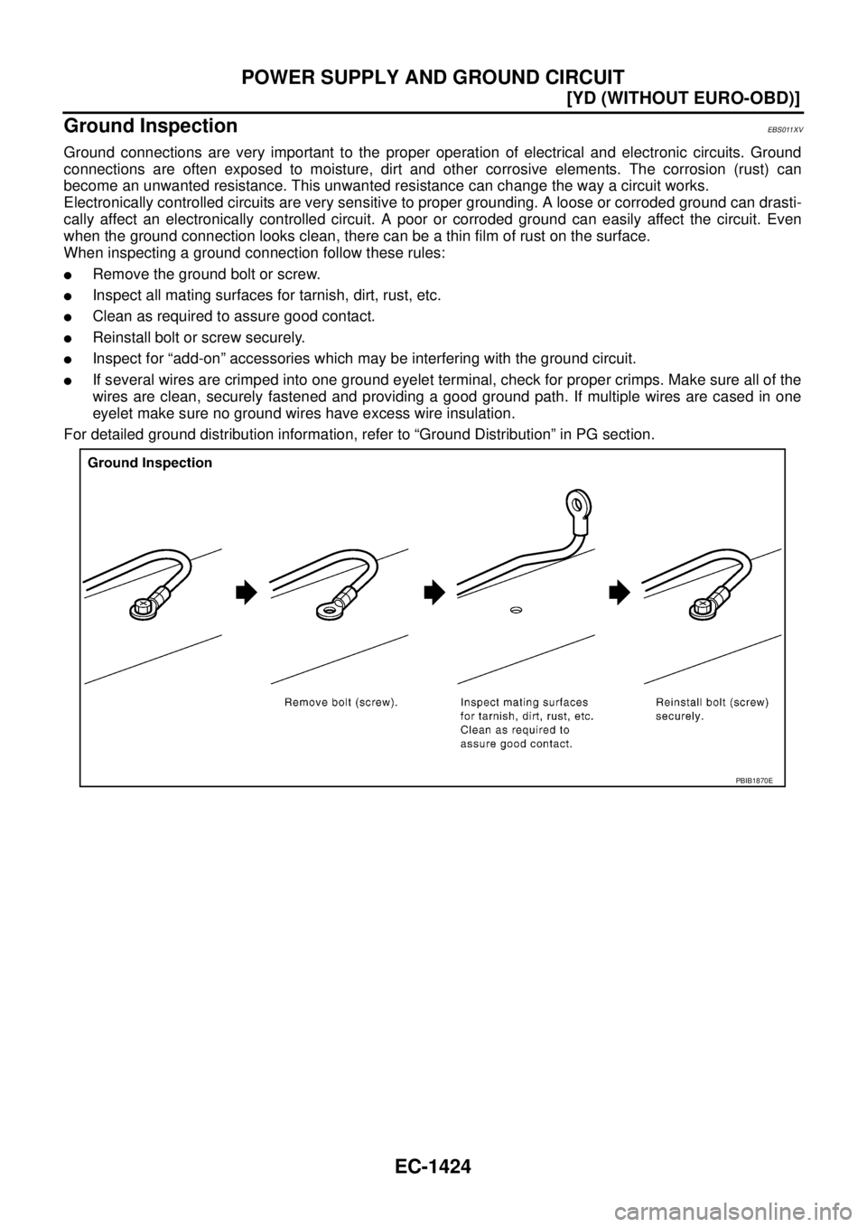 NISSAN X-TRAIL 2005  Service Repair Manual EC-1424
[YD (WITHOUT EURO-OBD)]
POWER SUPPLY AND GROUND CIRCUIT
 
Ground InspectionEBS011XV
Ground connections are very important to the proper operation of electrical and electronic circuits. Ground
