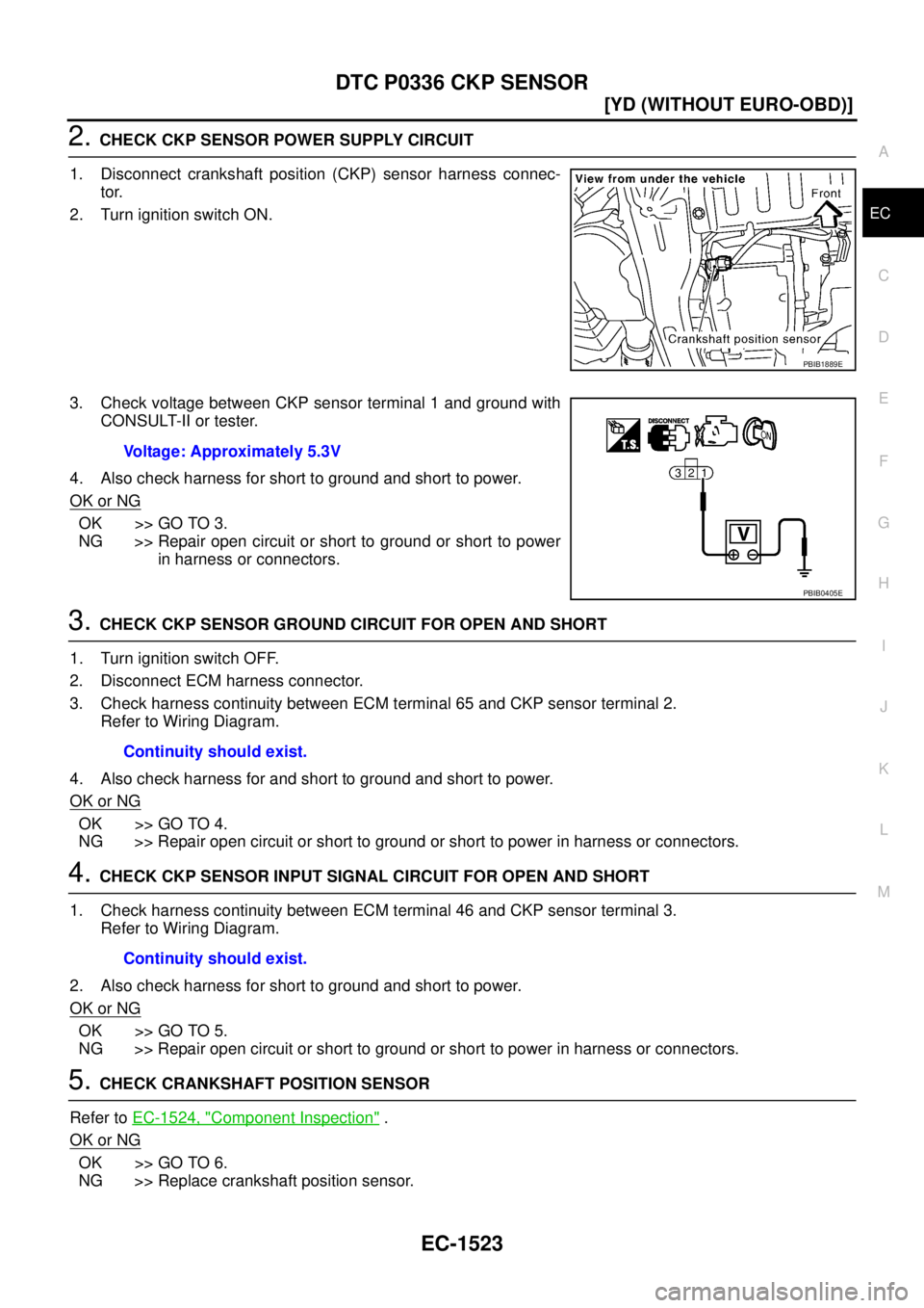 NISSAN X-TRAIL 2005  Service Repair Manual DTC P0336 CKP SENSOR
EC-1523
[YD (WITHOUT EURO-OBD)]
C
D
E
F
G
H
I
J
K
L
MA
EC
 
2. CHECK CKP SENSOR POWER SUPPLY CIRCUIT
1. Disconnect crankshaft position (CKP) sensor harness connec-
tor.
2. Turn ig