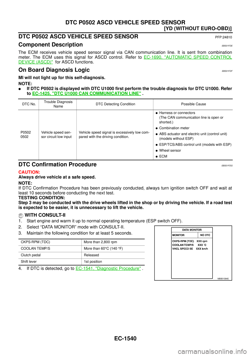 NISSAN X-TRAIL 2005  Service Repair Manual EC-1540
[YD (WITHOUT EURO-OBD)]
DTC P0502 ASCD VEHICLE SPEED SENSOR
 
DTC P0502 ASCD VEHICLE SPEED SENSORPFP:24810
Component DescriptionEBS01FDE
The ECM receives vehicle speed sensor signal via CAN co