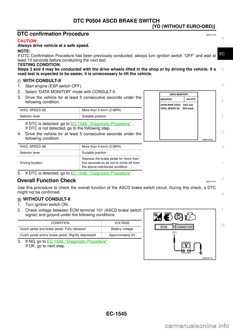 NISSAN X-TRAIL 2005  Service Repair Manual DTC P0504 ASCD BRAKE SWITCH
EC-1545
[YD (WITHOUT EURO-OBD)]
C
D
E
F
G
H
I
J
K
L
MA
EC
 
DTC confirmation ProcedureEBS01FDP
CAUTION:
Always drive vehicle at a safe speed.
NOTE:
If DTC Confirmation Proc