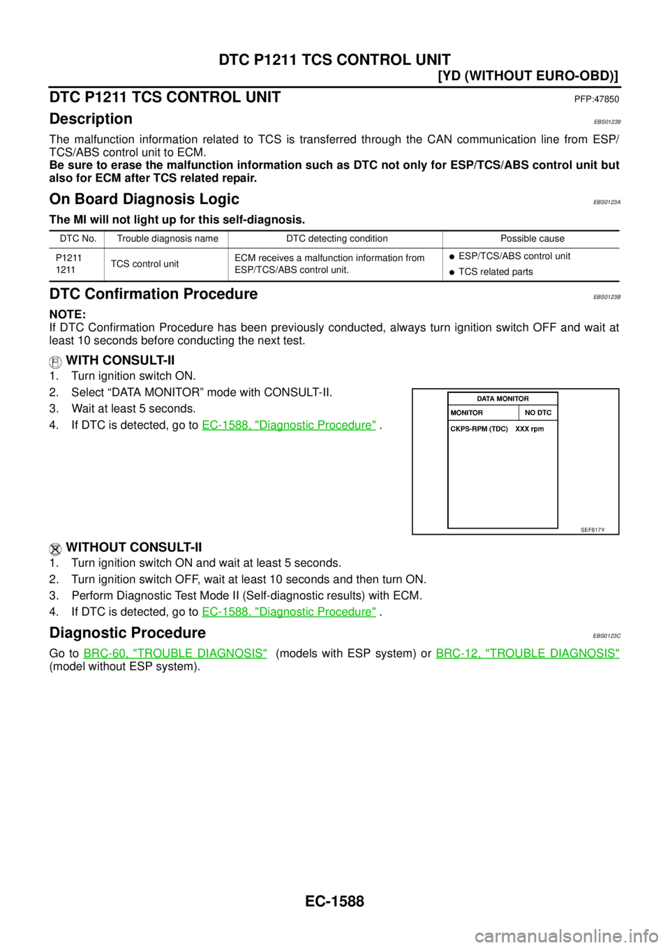 NISSAN X-TRAIL 2005  Service Repair Manual EC-1588
[YD (WITHOUT EURO-OBD)]
DTC P1211 TCS CONTROL UNIT
 
DTC P1211 TCS CONTROL UNITPFP:47850
DescriptionEBS01239
The malfunction information related to TCS is transferred through the CAN communica