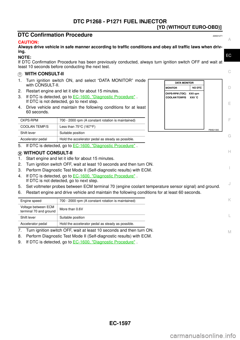 NISSAN X-TRAIL 2005  Service Repair Manual DTC P1268 - P1271 FUEL INJECTOR
EC-1597
[YD (WITHOUT EURO-OBD)]
C
D
E
F
G
H
I
J
K
L
MA
EC
 
DTC Confirmation ProcedureEBS01271
CAUTION:
Always drive vehicle in safe manner according to traffic conditi