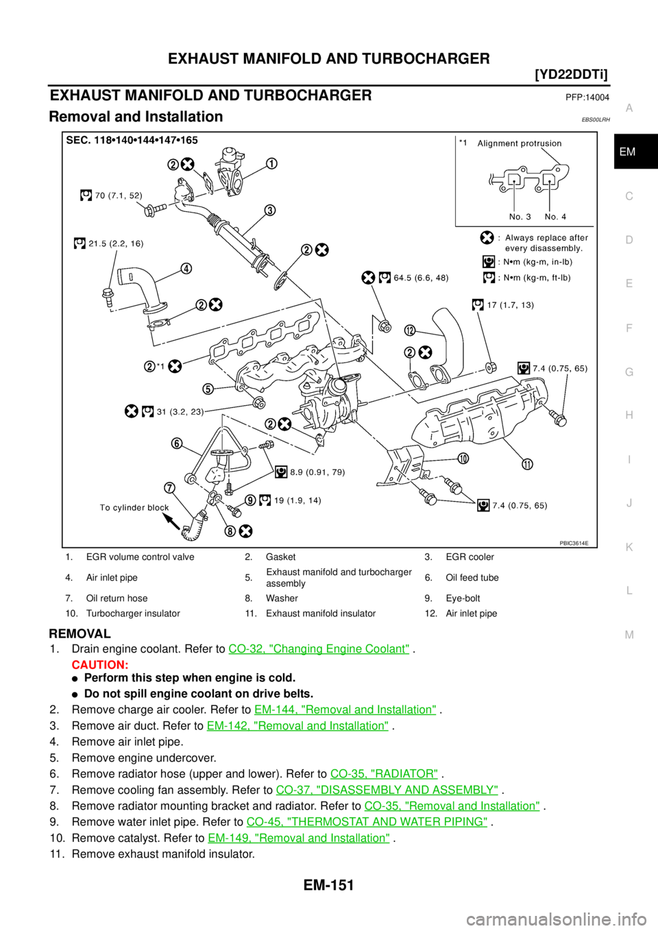 NISSAN X-TRAIL 2005  Service Repair Manual EXHAUST MANIFOLD AND TURBOCHARGER
EM-151
[YD22DDTi]
C
D
E
F
G
H
I
J
K
L
MA
EM
 
EXHAUST MANIFOLD AND TURBOCHARGERPFP:14004
Removal and InstallationEBS00LRH
REMOVAL
1. Drain engine coolant. Refer to CO