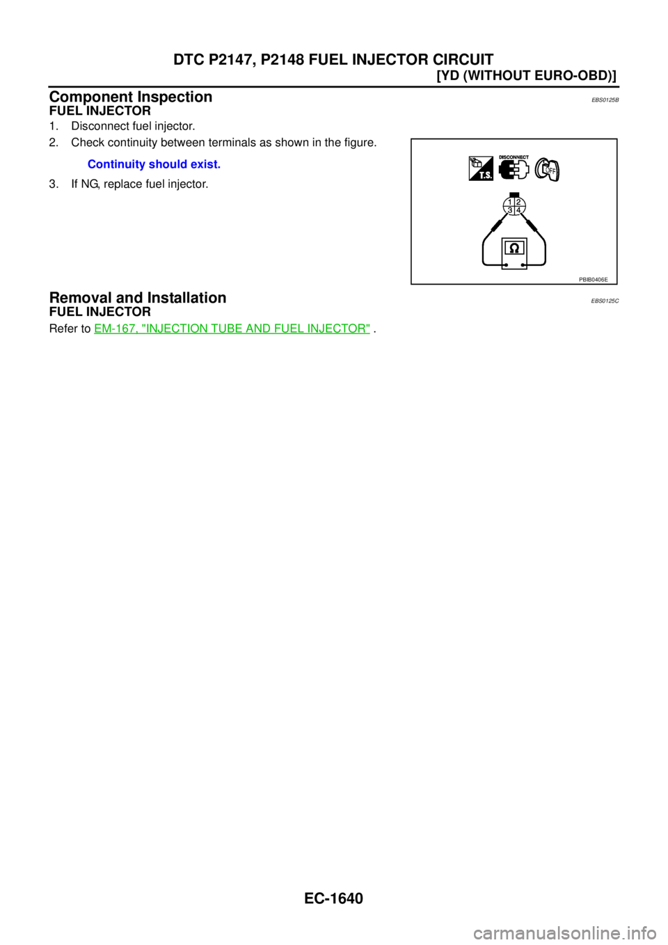 NISSAN X-TRAIL 2005  Service Repair Manual EC-1640
[YD (WITHOUT EURO-OBD)]
DTC P2147, P2148 FUEL INJECTOR CIRCUIT
 
Component InspectionEBS0125B
FUEL INJECTOR
1. Disconnect fuel injector.
2. Check continuity between terminals as shown in the f