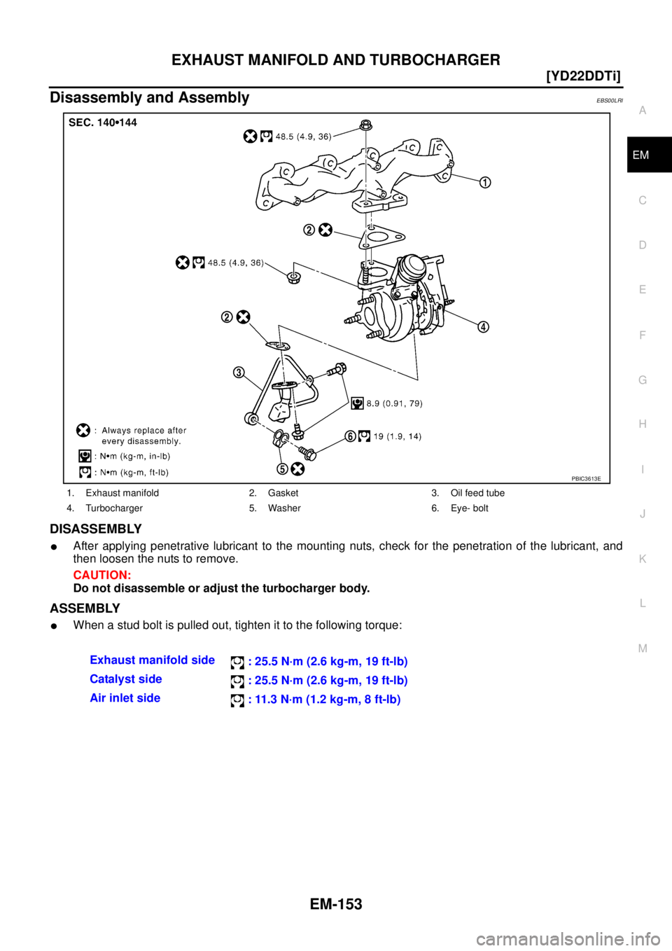 NISSAN X-TRAIL 2005  Service Repair Manual EXHAUST MANIFOLD AND TURBOCHARGER
EM-153
[YD22DDTi]
C
D
E
F
G
H
I
J
K
L
MA
EM
 
Disassembly and AssemblyEBS00LRI
DISASSEMBLY
After applying penetrative lubricant to the mounting nuts, check for the p