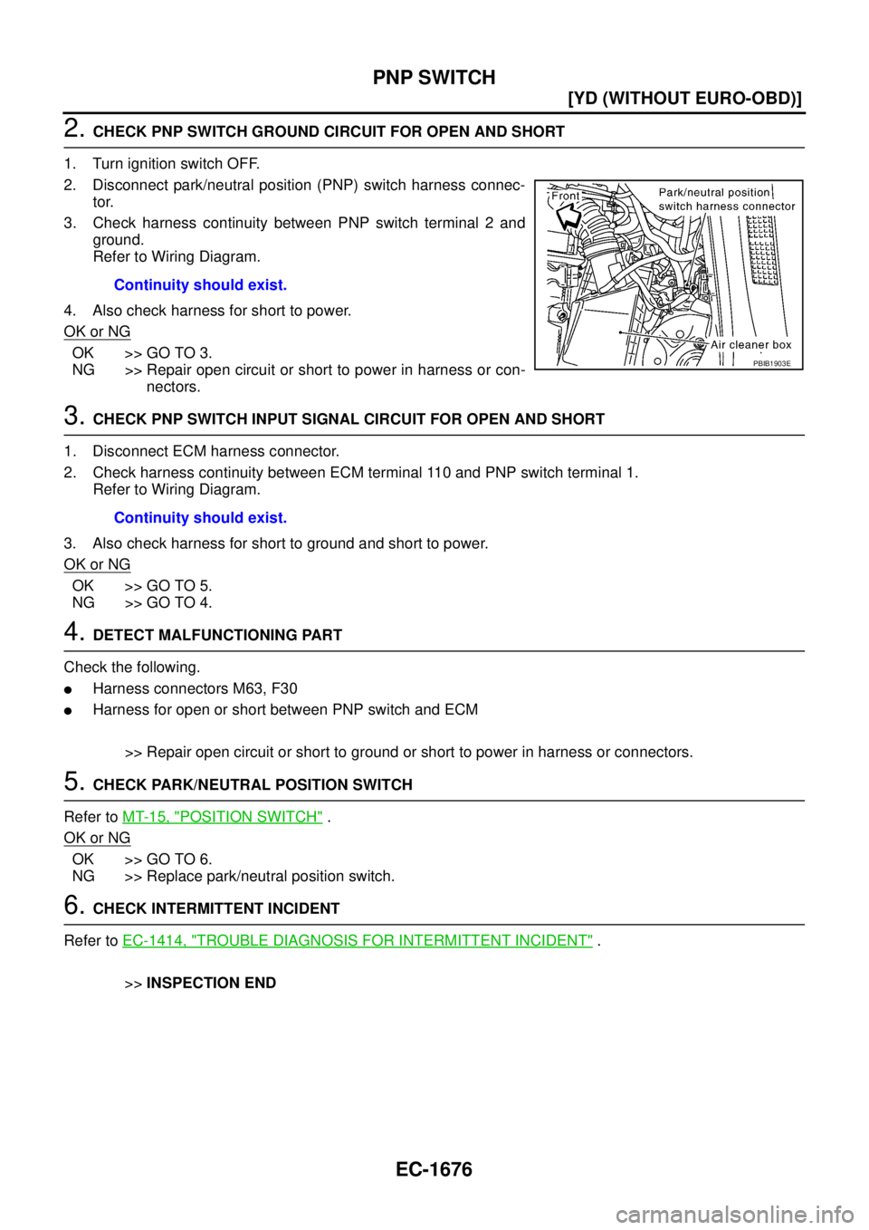 NISSAN X-TRAIL 2005  Service Repair Manual EC-1676
[YD (WITHOUT EURO-OBD)]
PNP SWITCH
 
2. CHECK PNP SWITCH GROUND CIRCUIT FOR OPEN AND SHORT
1. Turn ignition switch OFF.
2. Disconnect park/neutral position (PNP) switch harness connec-
tor.
3.