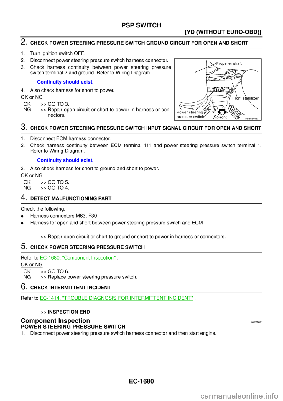 NISSAN X-TRAIL 2005  Service Repair Manual EC-1680
[YD (WITHOUT EURO-OBD)]
PSP SWITCH
 
2. CHECK POWER STEERING PRESSURE SWITCH GROUND CIRCUIT FOR OPEN AND SHORT
1. Turn ignition switch OFF.
2. Disconnect power steering pressure switch harness
