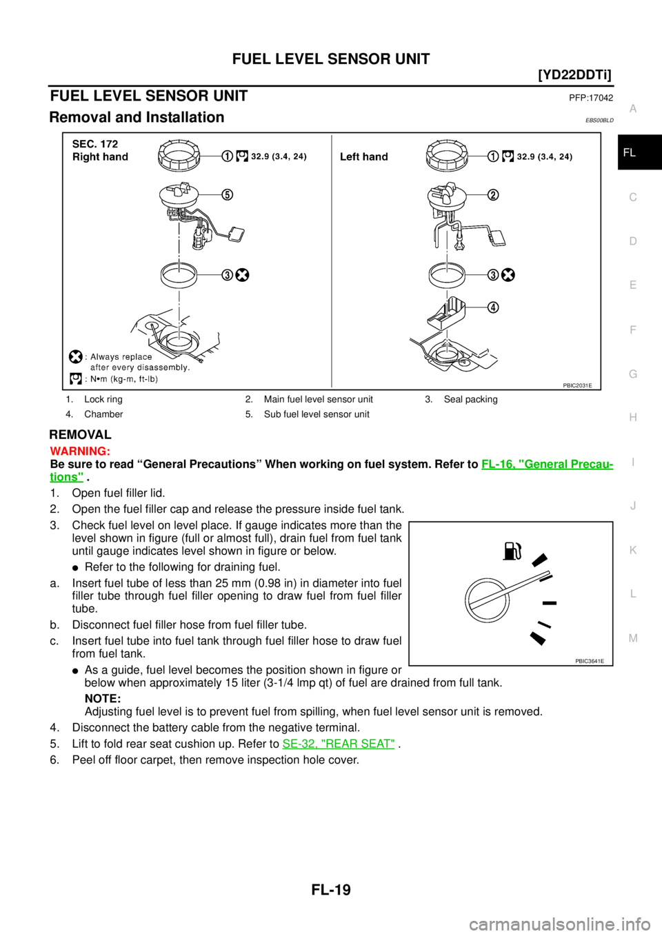 NISSAN X-TRAIL 2005  Service Repair Manual FUEL LEVEL SENSOR UNIT
FL-19
[YD22DDTi]
C
D
E
F
G
H
I
J
K
L
MA
FL
 
FUEL LEVEL SENSOR UNITPFP:17042
Removal and InstallationEBS00BLD
REMOVAL
WARNING:
Be sure to read “General Precautions” When wor