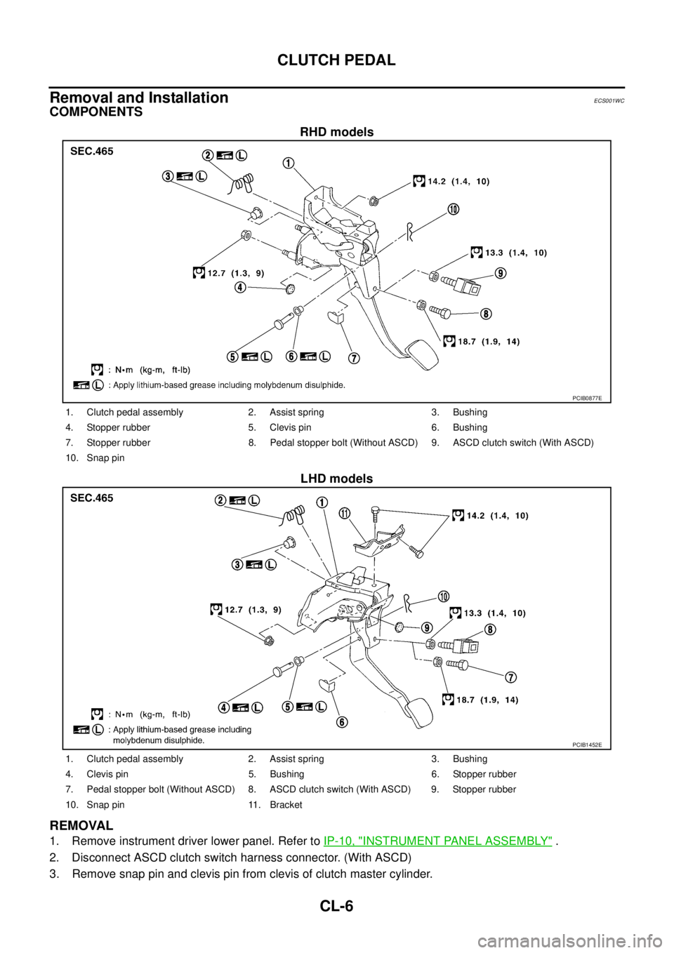 NISSAN X-TRAIL 2005  Service Repair Manual CL-6
CLUTCH PEDAL
 
Removal and InstallationECS001WC
COMPONENTS
RHD models
LHD models
REMOVAL
1. Remove instrument driver lower panel. Refer to IP-10, "INSTRUMENT PANEL ASSEMBLY" .
2. Disconnect ASCD 