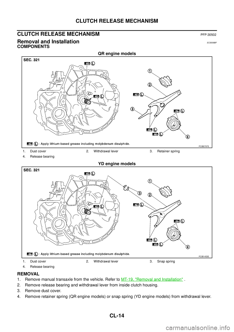 NISSAN X-TRAIL 2005  Service Repair Manual CL-14
CLUTCH RELEASE MECHANISM
 
CLUTCH RELEASE MECHANISMPFP:30502
Removal and InstallationECS008BF
COMPONENTS
QR engine models
YD engine models
REMOVAL
1. Remove manual transaxle from the vehicle. Re