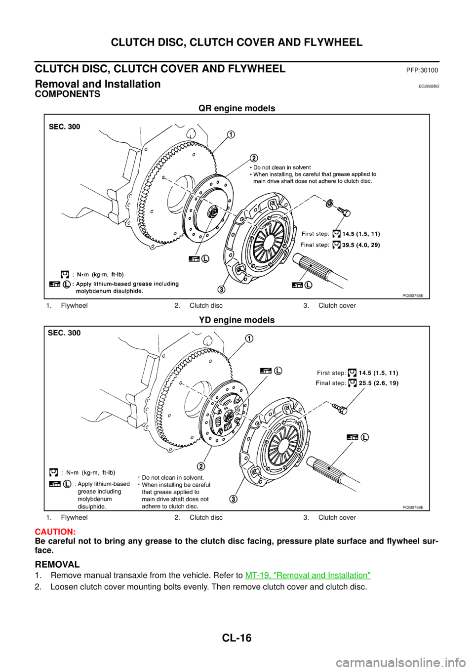NISSAN X-TRAIL 2005  Service Repair Manual CL-16
CLUTCH DISC, CLUTCH COVER AND FLYWHEEL
 
CLUTCH DISC, CLUTCH COVER AND FLYWHEELPFP:30100
Removal and InstallationECS008BG
COMPONENTS
QR engine models
YD engine models
CAUTION:
Be careful not to 