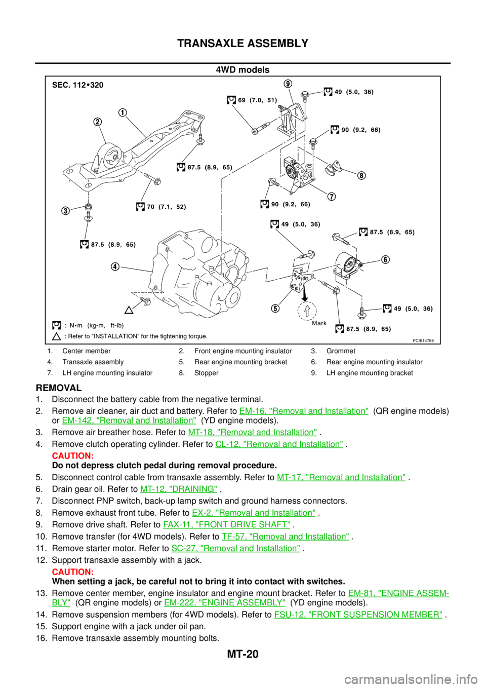NISSAN X-TRAIL 2005  Service Repair Manual MT-20
TRANSAXLE ASSEMBLY
 
4WD models
REMOVAL
1. Disconnect the battery cable from the negative terminal.
2. Remove air cleaner, air duct and battery. Refer to EM-16, "
Removal and Installation"  (QR 