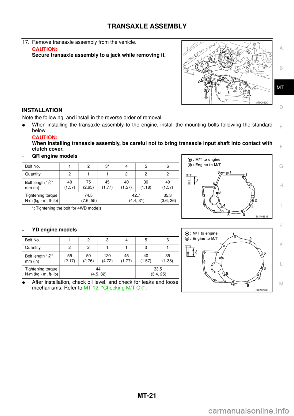 NISSAN X-TRAIL 2005  Service Repair Manual TRANSAXLE ASSEMBLY
MT-21
D
E
F
G
H
I
J
K
L
MA
B
MT
 
17. Remove transaxle assembly from the vehicle.
CAUTION:
Secure transaxle assembly to a jack while removing it.
INSTALLATION
Note the following, an