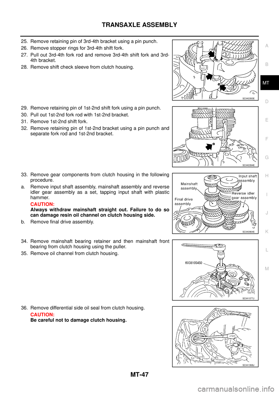 NISSAN X-TRAIL 2005  Service Repair Manual TRANSAXLE ASSEMBLY
MT-47
D
E
F
G
H
I
J
K
L
MA
B
MT
 
25. Remove retaining pin of 3rd-4th bracket using a pin punch.
26. Remove stopper rings for 3rd-4th shift fork.
27. Pull out 3rd-4th fork rod and r