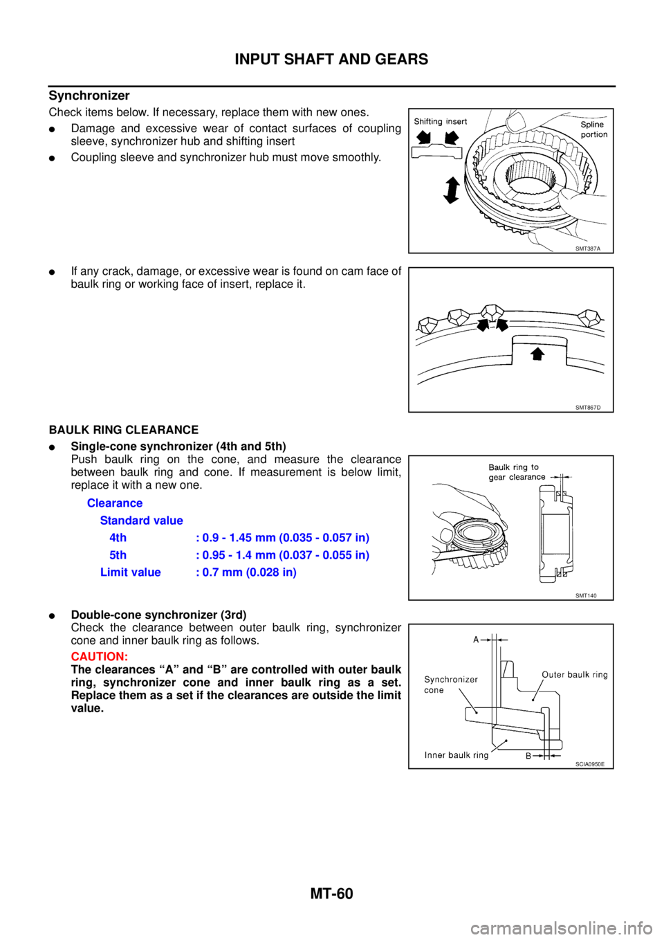NISSAN X-TRAIL 2005  Service Repair Manual MT-60
INPUT SHAFT AND GEARS
 
Synchronizer
Check items below. If necessary, replace them with new ones.
Damage and excessive wear of contact surfaces of coupling
sleeve, synchronizer hub and shifting