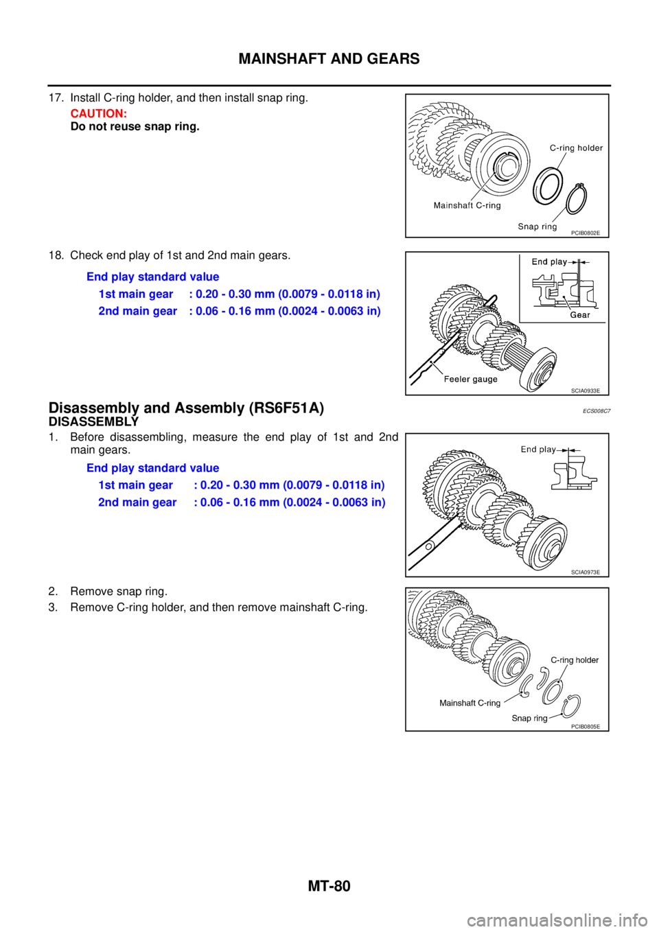 NISSAN X-TRAIL 2005  Service Repair Manual MT-80
MAINSHAFT AND GEARS
 
17. Install C-ring holder, and then install snap ring.
CAUTION:
Do not reuse snap ring.
18. Check end play of 1st and 2nd main gears.
Disassembly and Assembly (RS6F51A)ECS0