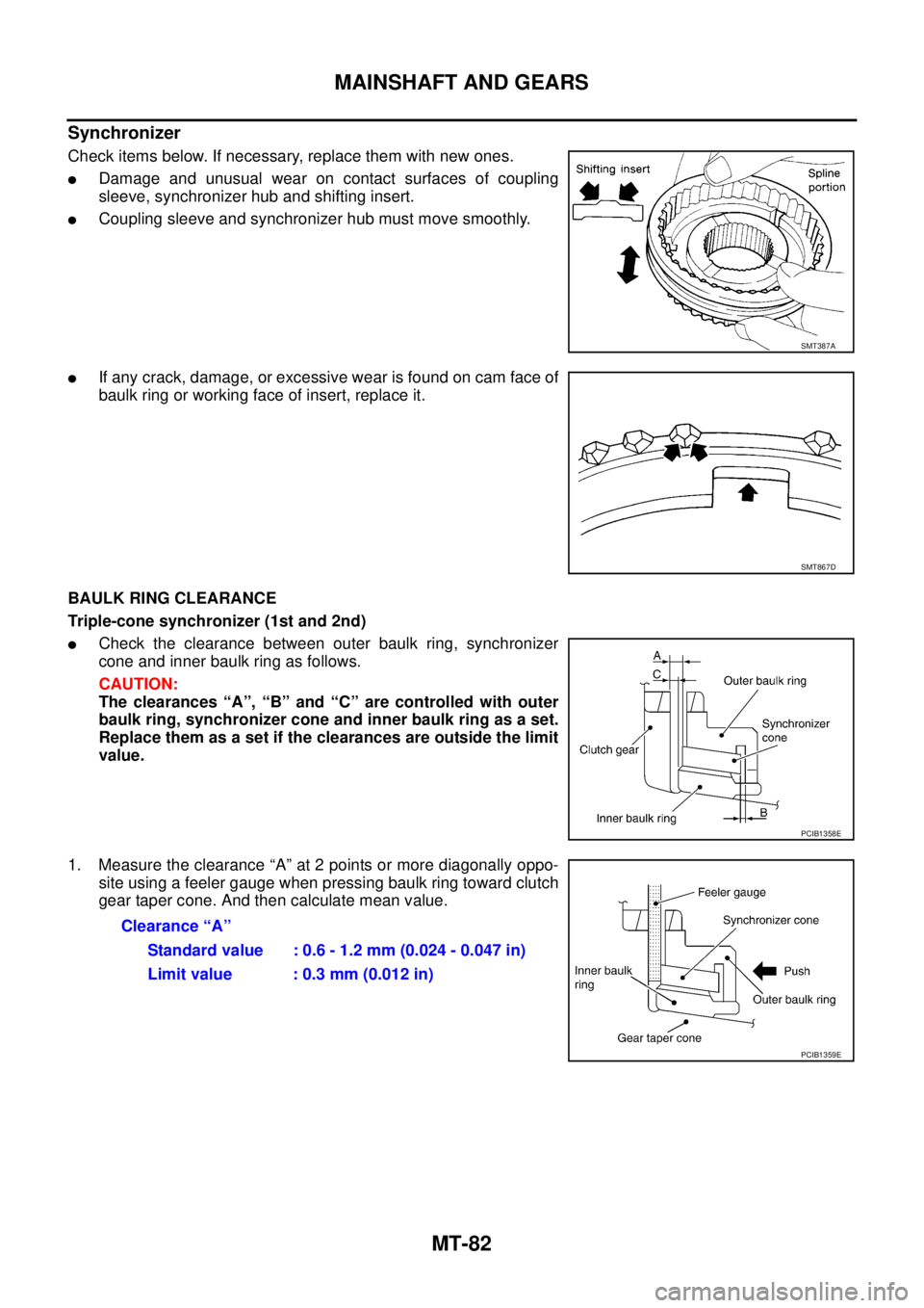 NISSAN X-TRAIL 2005  Service Repair Manual MT-82
MAINSHAFT AND GEARS
 
Synchronizer
Check items below. If necessary, replace them with new ones.
Damage and unusual wear on contact surfaces of coupling
sleeve, synchronizer hub and shifting ins