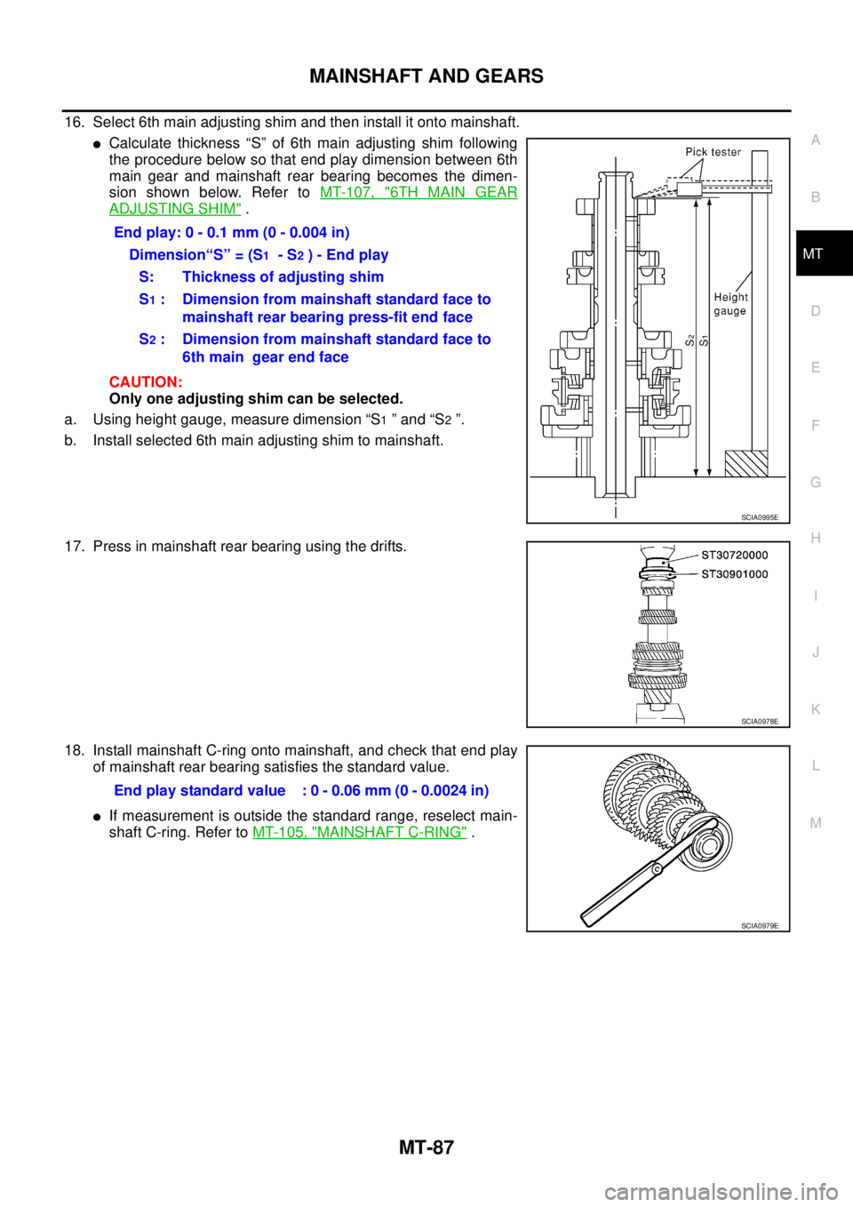 NISSAN X-TRAIL 2005  Service Repair Manual MAINSHAFT AND GEARS
MT-87
D
E
F
G
H
I
J
K
L
MA
B
MT
 
16. Select 6th main adjusting shim and then install it onto mainshaft.
Calculate thickness “S” of 6th main adjusting shim following
the proce
