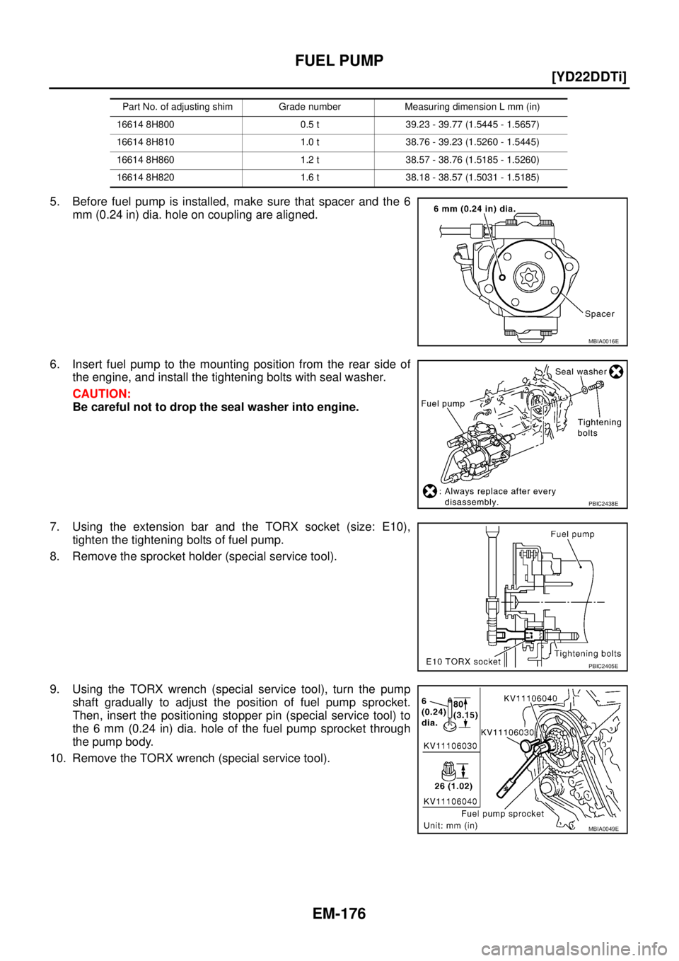 NISSAN X-TRAIL 2005  Service Repair Manual EM-176
[YD22DDTi]
FUEL PUMP
 
5. Before fuel pump is installed, make sure that spacer and the 6
mm (0.24 in) dia. hole on coupling are aligned.
6. Insert fuel pump to the mounting position from the re