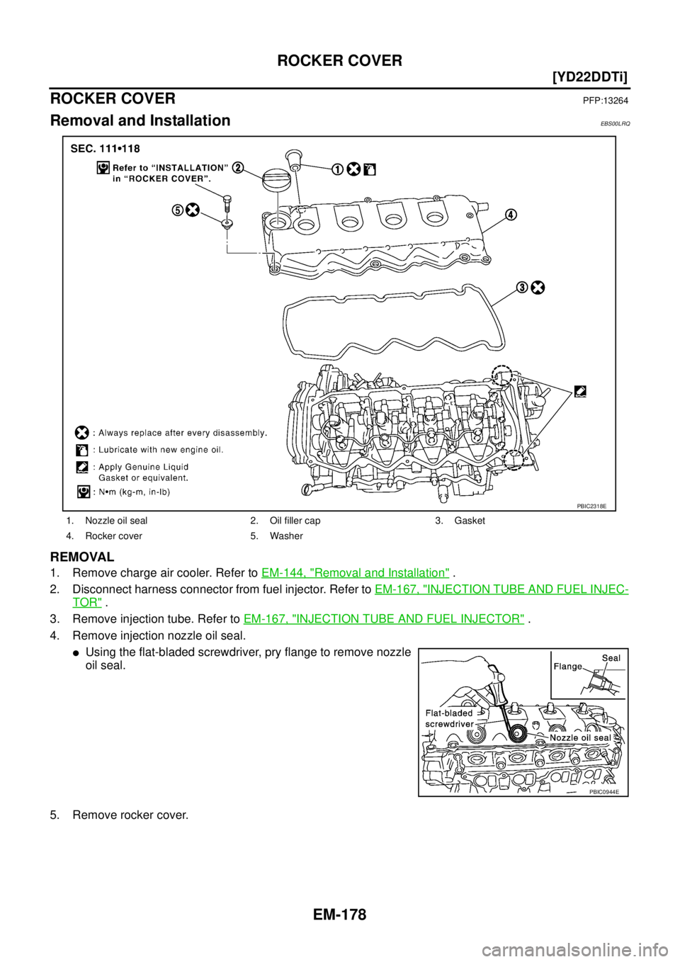 NISSAN X-TRAIL 2005  Service Repair Manual EM-178
[YD22DDTi]
ROCKER COVER
 
ROCKER COVERPFP:13264
Removal and InstallationEBS00LRQ
REMOVAL
1. Remove charge air cooler. Refer to EM-144, "Removal and Installation" .
2. Disconnect harness connect