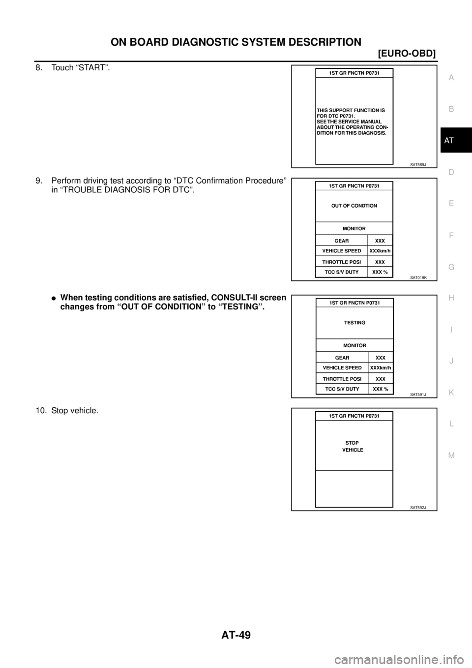 NISSAN X-TRAIL 2005  Service Repair Manual ON BOARD DIAGNOSTIC SYSTEM DESCRIPTION
AT-49
[EURO-OBD]
D
E
F
G
H
I
J
K
L
MA
B
AT
 
8. Touch “START”.
9. Perform driving test according to “DTC Confirmation Procedure”
in “TROUBLE DIAGNOSIS 