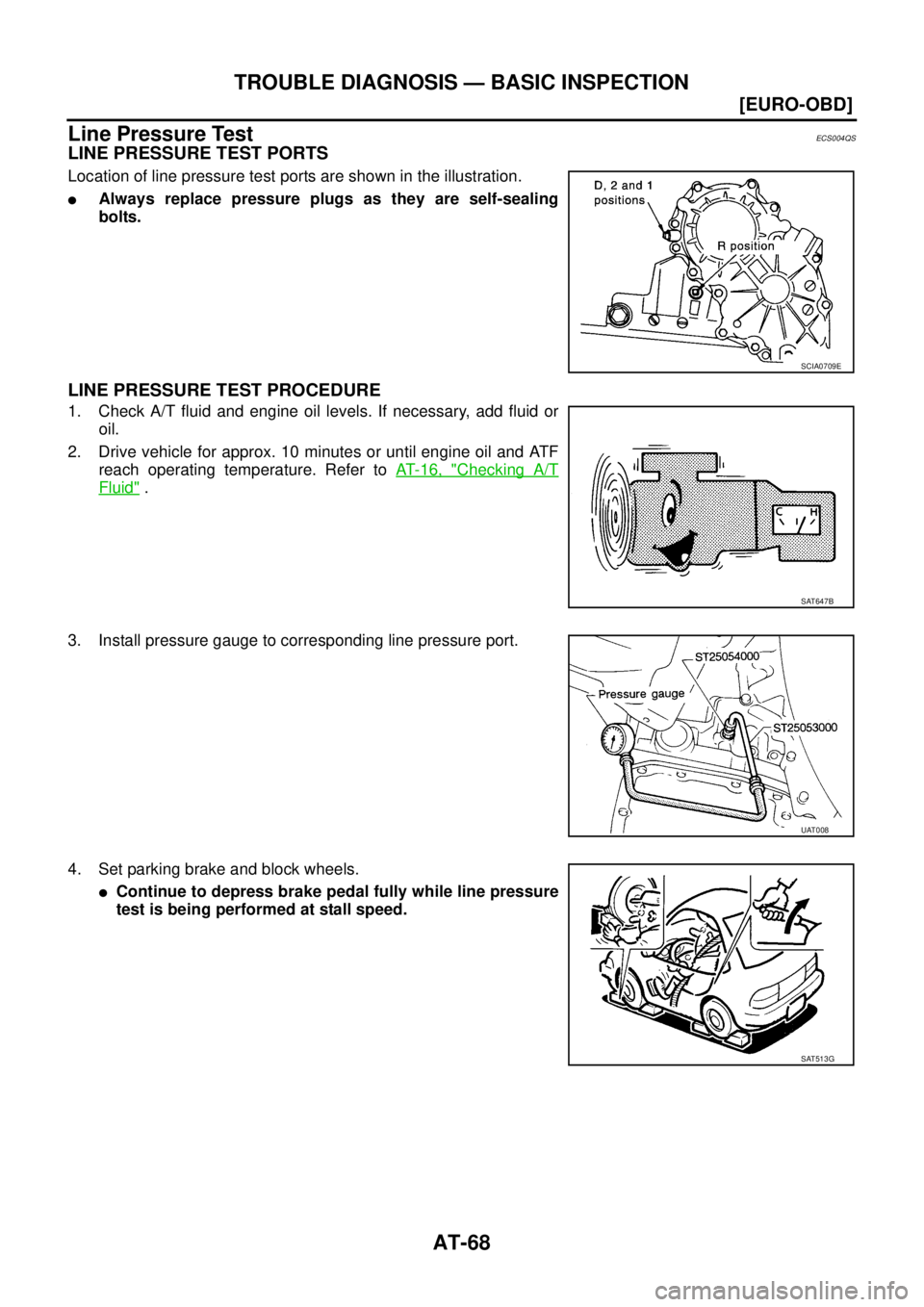 NISSAN X-TRAIL 2005  Service Repair Manual AT-68
[EURO-OBD]
TROUBLE DIAGNOSIS — BASIC INSPECTION
 
Line Pressure TestECS004QS
LINE PRESSURE TEST PORTS
Location of line pressure test ports are shown in the illustration.
Always replace pressu