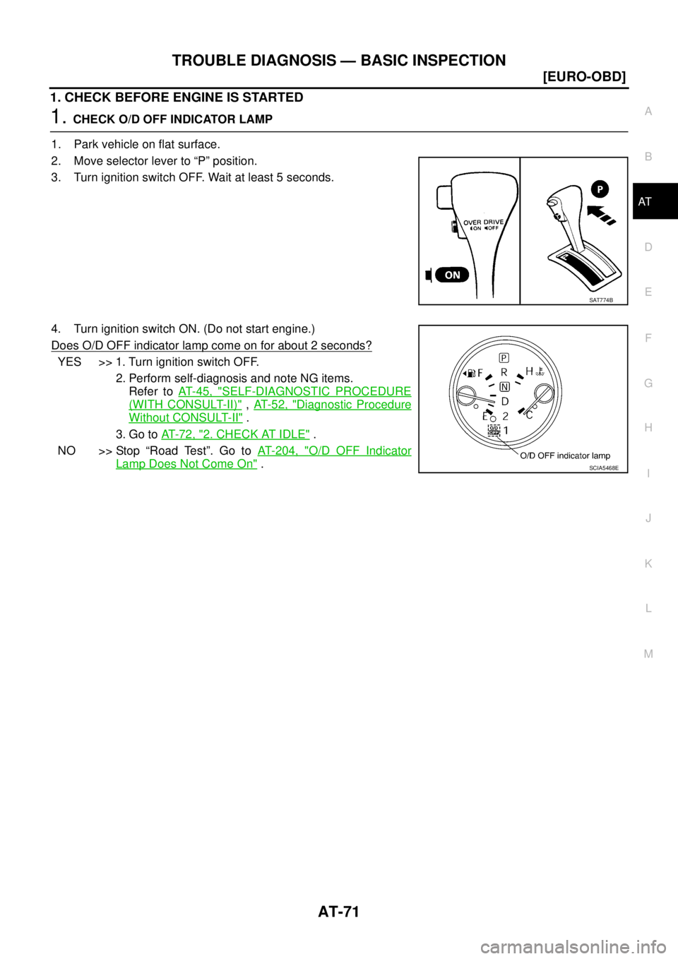 NISSAN X-TRAIL 2005  Service Repair Manual TROUBLE DIAGNOSIS — BASIC INSPECTION
AT-71
[EURO-OBD]
D
E
F
G
H
I
J
K
L
MA
B
AT
 
1. CHECK BEFORE ENGINE IS STARTED
1. CHECK O/D OFF INDICATOR LAMP
1. Park vehicle on flat surface.
2. Move selector 