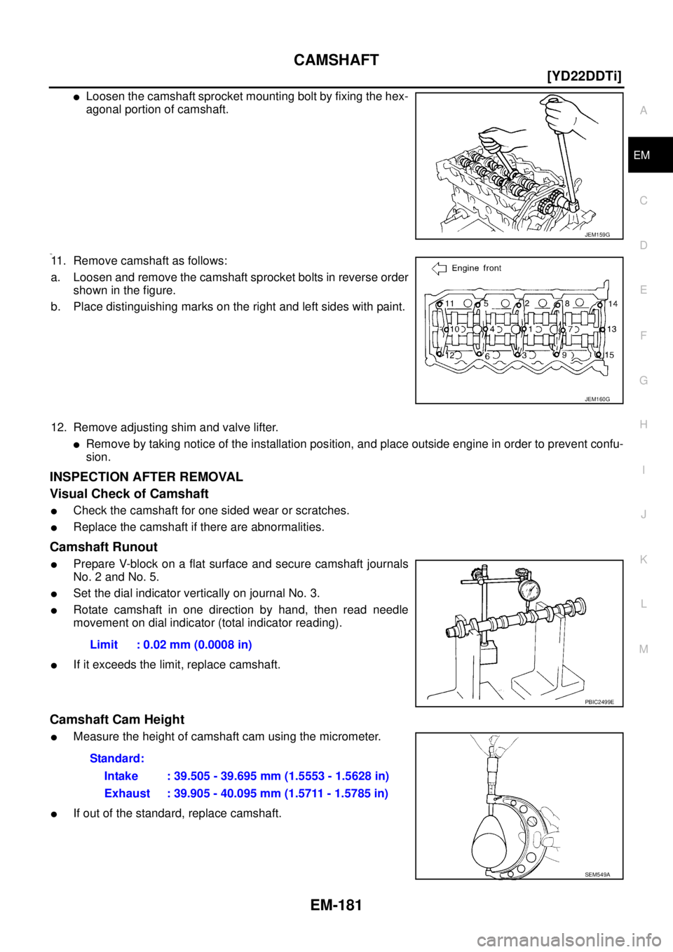 NISSAN X-TRAIL 2005  Service Repair Manual CAMSHAFT
EM-181
[YD22DDTi]
C
D
E
F
G
H
I
J
K
L
MA
EM
 
Loosen the camshaft sprocket mounting bolt by fixing the hex-
agonal portion of camshaft.
10.11. Remove camshaft as follows:
a. Loosen and remov