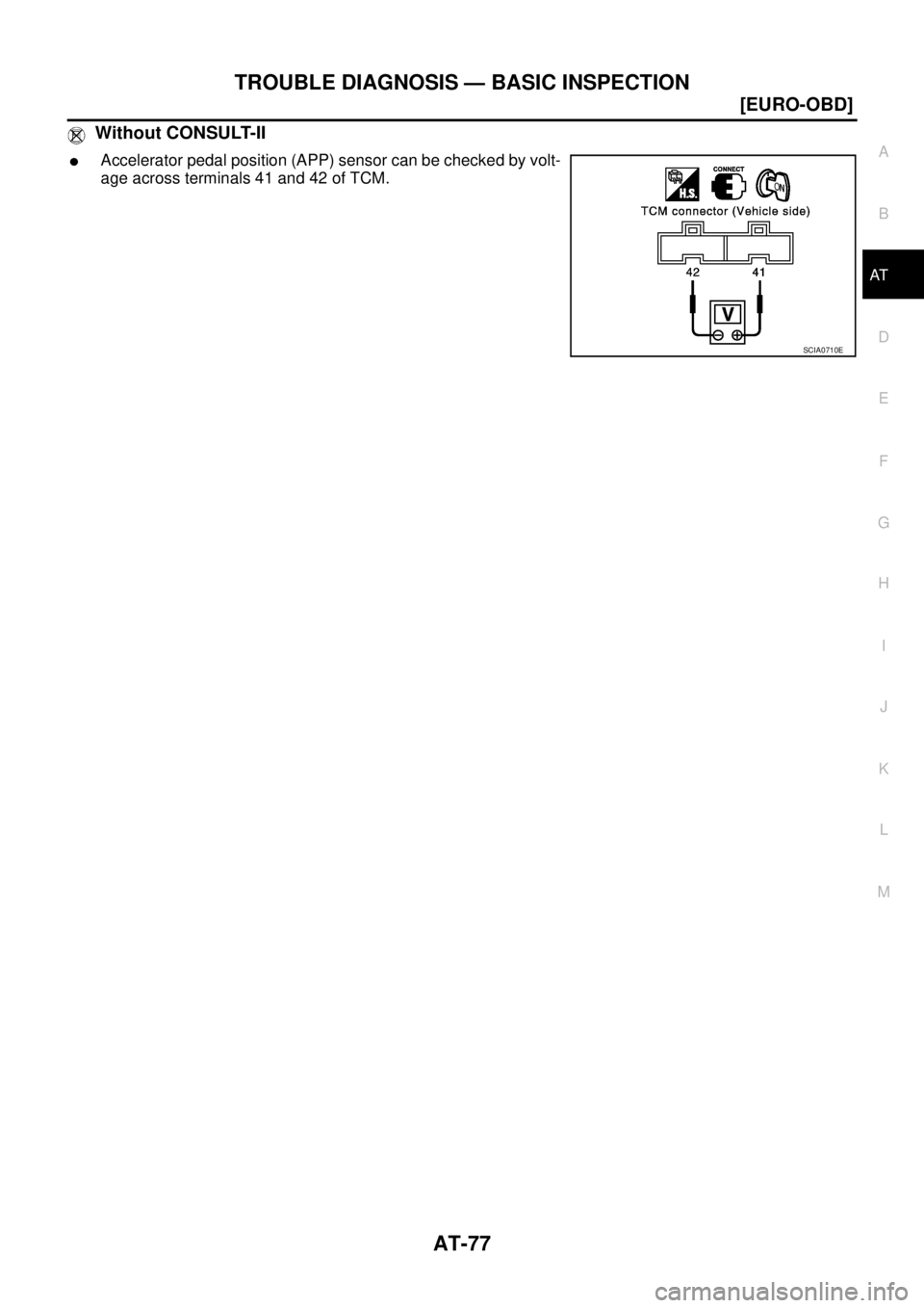 NISSAN X-TRAIL 2005  Service Repair Manual TROUBLE DIAGNOSIS — BASIC INSPECTION
AT-77
[EURO-OBD]
D
E
F
G
H
I
J
K
L
MA
B
AT
 
 Without CONSULT-II
Accelerator pedal position (APP) sensor can be checked by volt-
age across terminals 41 and 42 