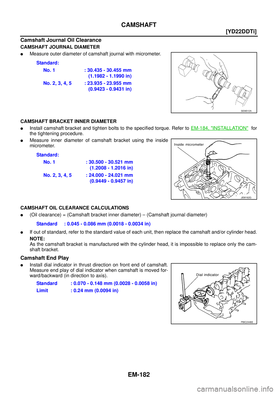 NISSAN X-TRAIL 2005  Service Repair Manual EM-182
[YD22DDTi]
CAMSHAFT
 
Camshaft Journal Oil Clearance
CAMSHAFT JOURNAL DIAMETER
Measure outer diameter of camshaft journal with micrometer.
CAMSHAFT BRACKET INNER DIAMETER
Install camshaft bra
