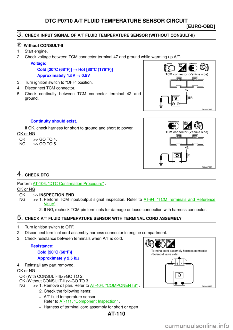 NISSAN X-TRAIL 2005  Service Repair Manual AT-110
[EURO-OBD]
DTC P0710 A/T FLUID TEMPERATURE SENSOR CIRCUIT
 
3. CHECK INPUT SIGNAL OF A/T FLUID TEMPERATURE SENSOR (WITHOUT CONSULT-II)
 Without CONSULT-II
1. Start engine.
2. Check voltage betw