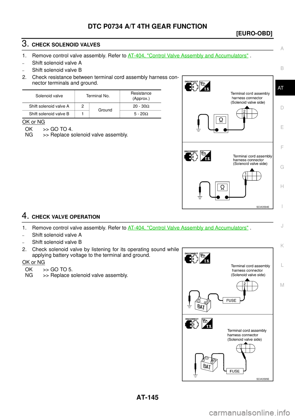 NISSAN X-TRAIL 2005  Service Repair Manual DTC P0734 A/T 4TH GEAR FUNCTION
AT-145
[EURO-OBD]
D
E
F
G
H
I
J
K
L
MA
B
AT
 
3. CHECK SOLENOID VALVES
1. Remove control valve assembly. Refer to AT- 4 0 4 ,  "
Control Valve Assembly and Accumulators