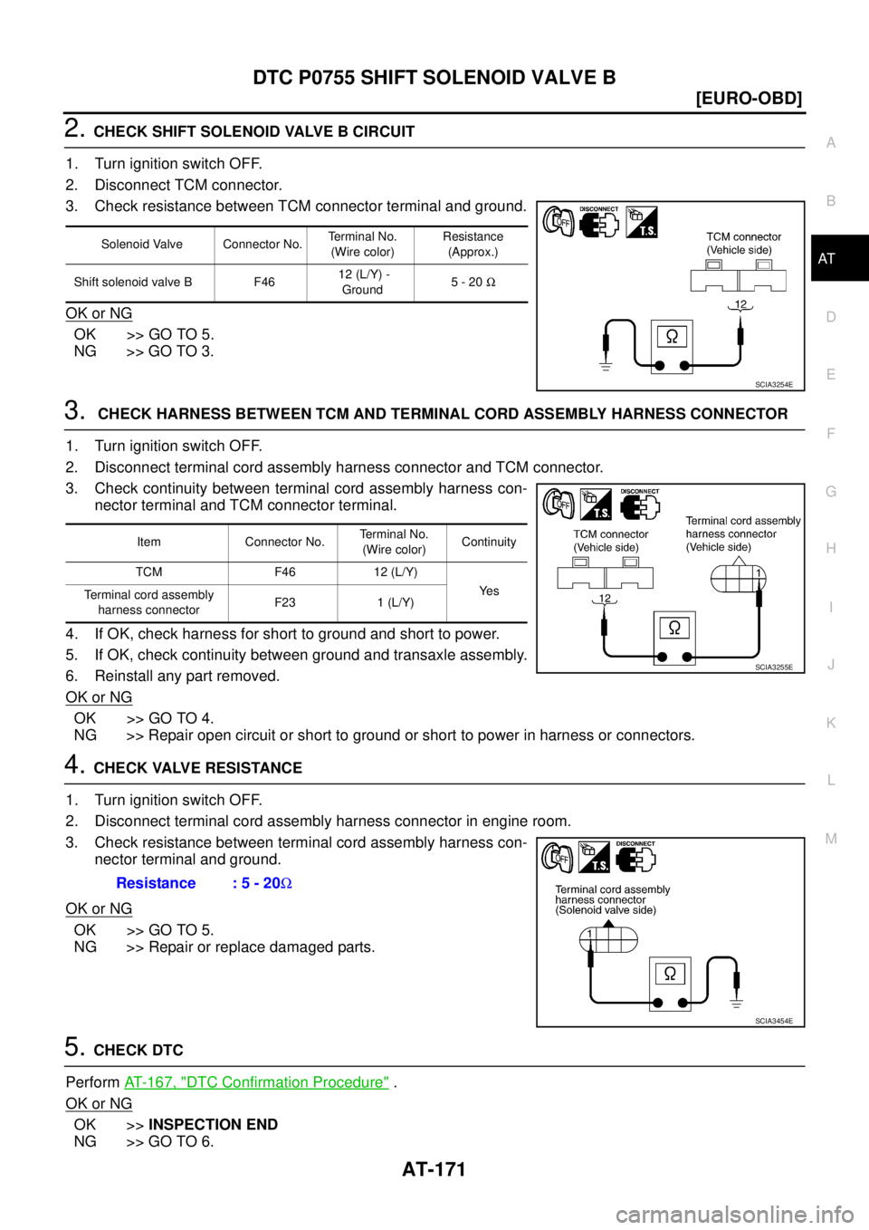 NISSAN X-TRAIL 2005  Service Repair Manual DTC P0755 SHIFT SOLENOID VALVE B
AT-171
[EURO-OBD]
D
E
F
G
H
I
J
K
L
MA
B
AT
 
2. CHECK SHIFT SOLENOID VALVE B CIRCUIT
1. Turn ignition switch OFF.
2. Disconnect TCM connector.
3. Check resistance bet